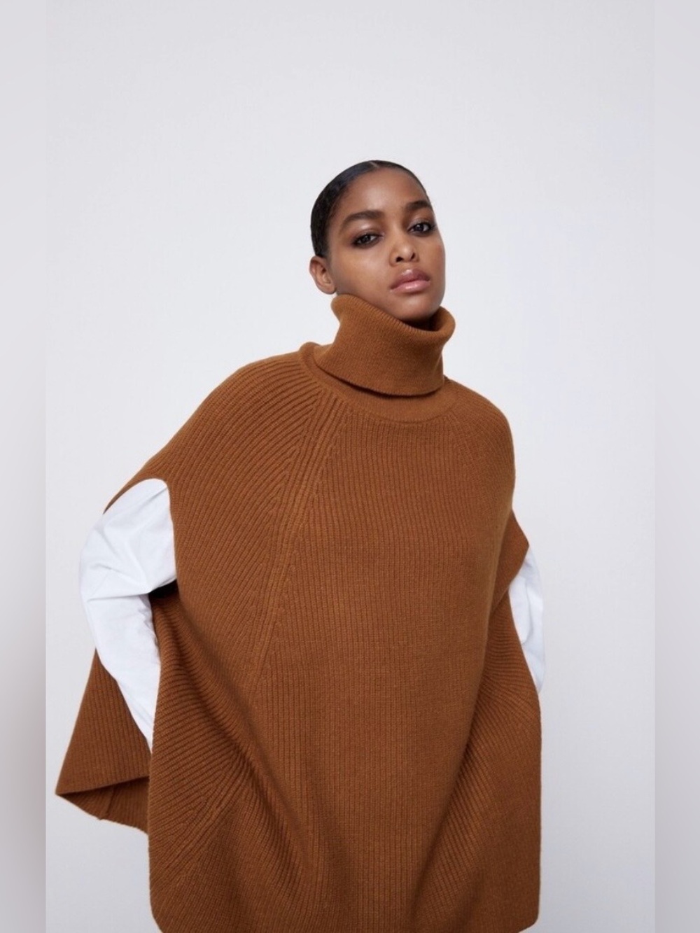 Zara Camel Oversized Turtleneck Poncho Sweater Size M Cozy Knit